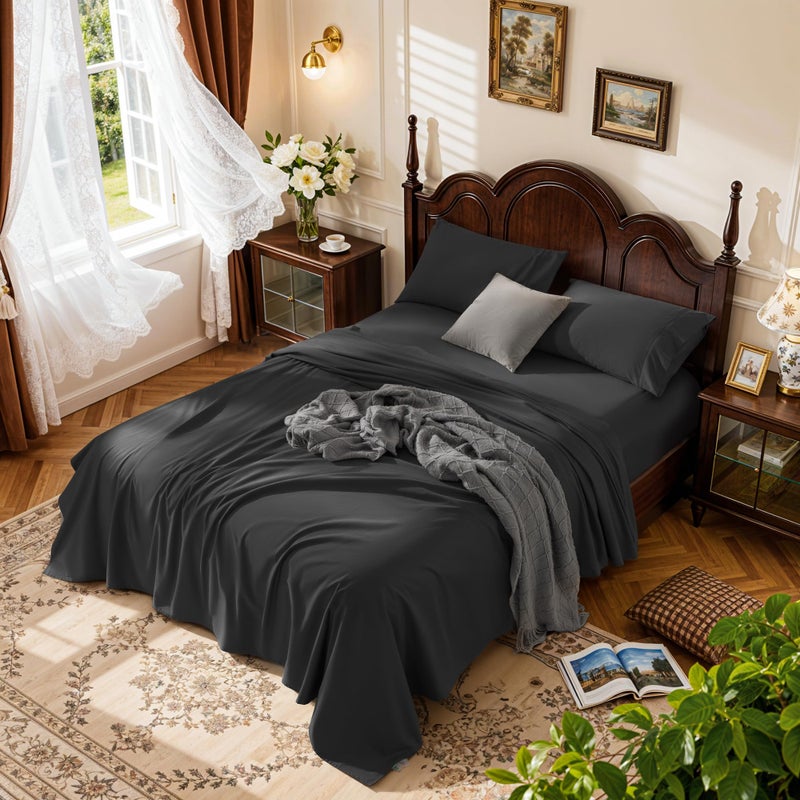 LBRO2M 1000 Thread Count 100 Egyptian Cotton Sheets SetFull Size Bed Sheet 4 Piece SetsLong Staple16 Inches Deep PocketAll SeasonBedding Super Soft BreathableSateen Weave Black