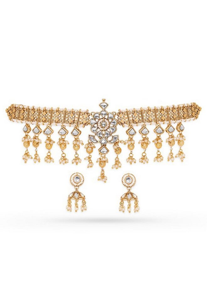 Rubans Women's Enchanting Radiance 22K Gold Plated Kundan And Pearl Beaded Choker Jewelry Set - Image 1