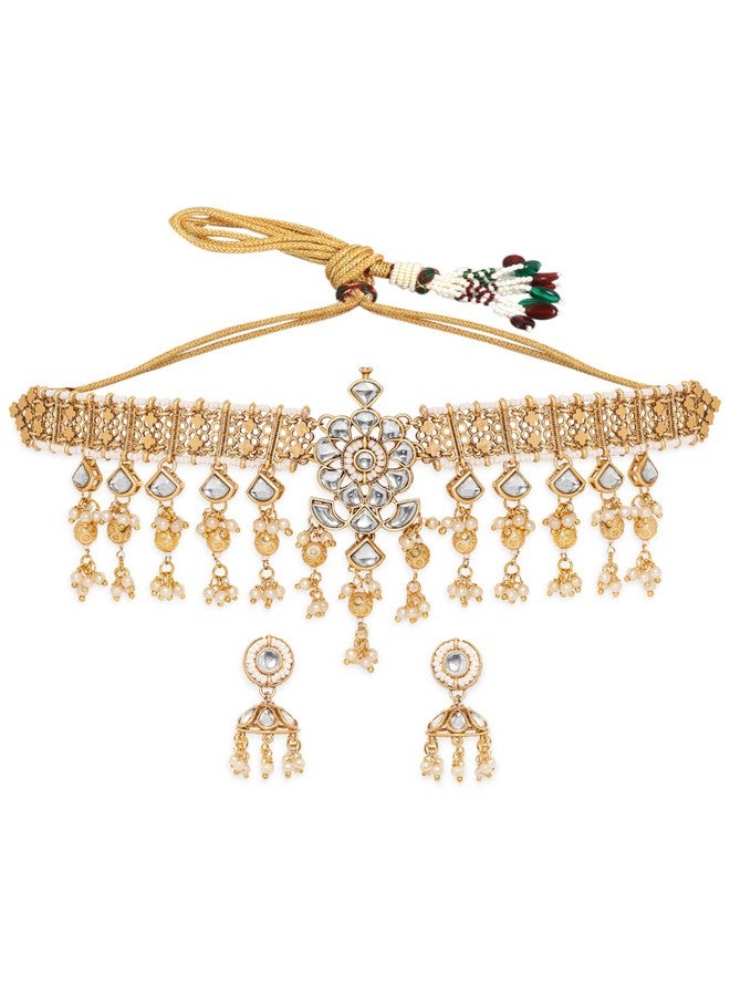 Rubans Women's Enchanting Radiance 22K Gold Plated Kundan And Pearl Beaded Choker Jewelry Set - Image 2