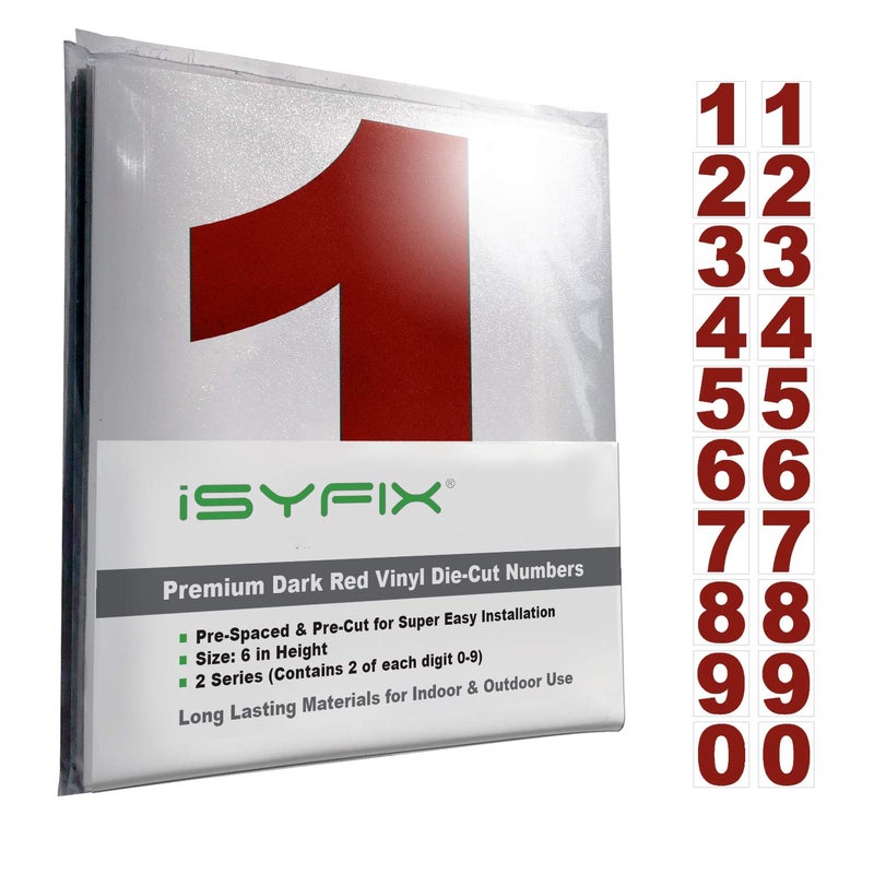 iSYFIX Red Vinyl Numbers Stickers,6 Inch Self Adhesive (2 Sets),Premium Decal Die Cut and Pre-Spaced for Mailbox, Signs, Window, Door, Cars, Trucks, Home, Business, Address Number, Indoor or Outdoor - Image 1