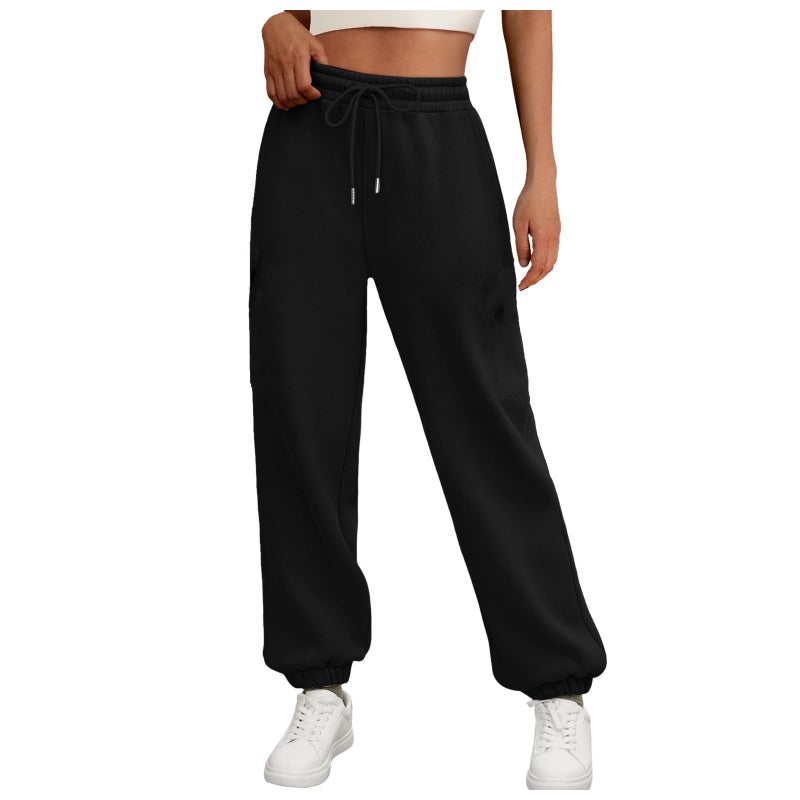 2024 Amazon wish Cross-border European and American Foreign Trade Womens Wear Autumn and Winter New Loose Casual High Waist fleece-lined Sweat Pants Black black 
