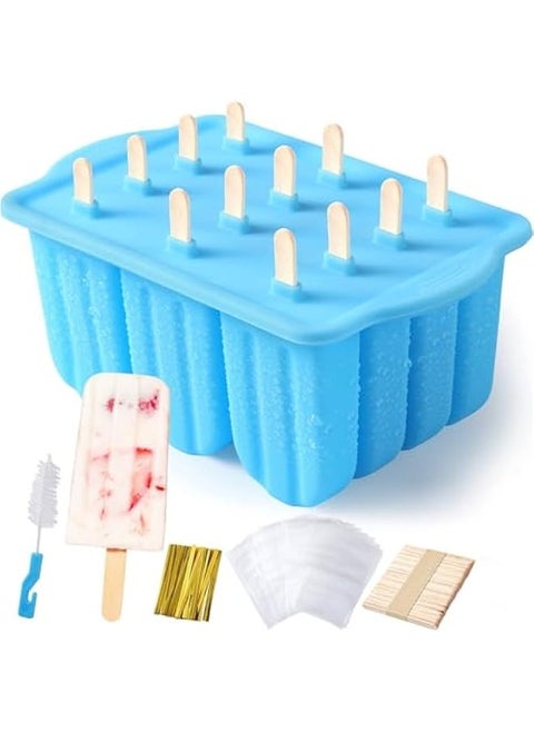 Popsicle Molds Silicone BPA-free,12 Pieces Popsicle Trays for Freezer,Homemade Ice Cream Popsicle Molds,Large Ice Pop Maker Set,Reusable Ice Lolly Mould with 50PCS Popsicle Sticks