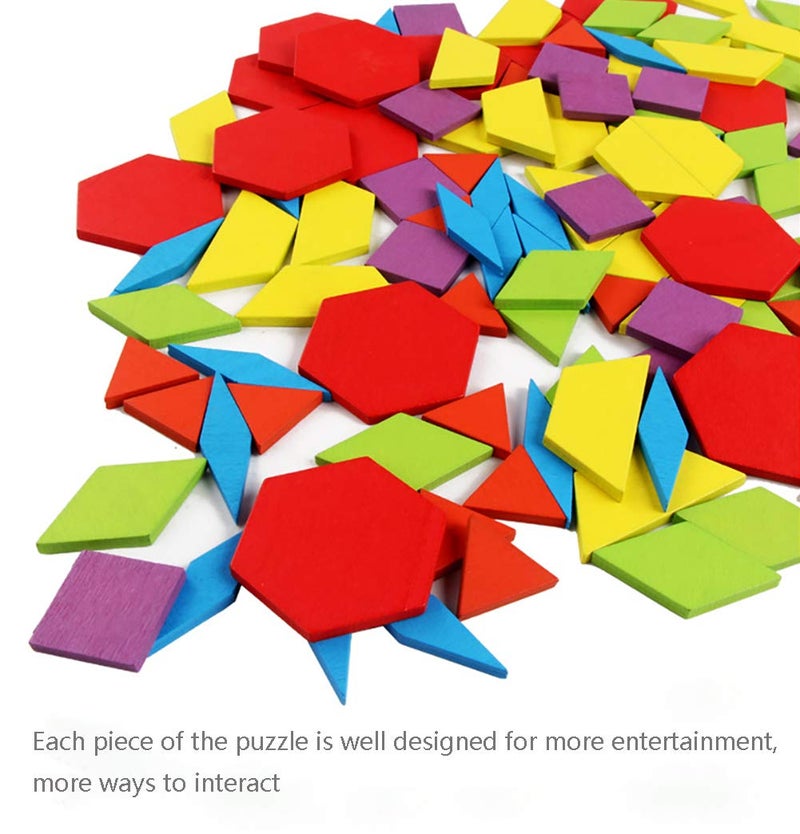 GEMEM 155 Pcs Wooden Pattern Blocks Set Geometric Shape Puzzle Kindergarten Classic Educational Montessori Tangram Toys for Kids Ages 4-8 with 24 Pcs Design Cards - Image 2