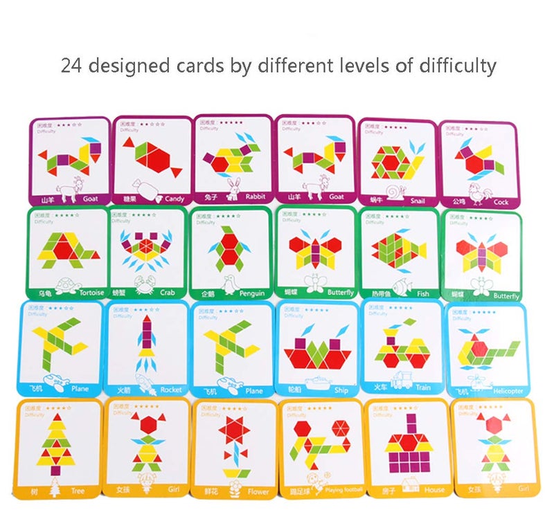 GEMEM 155 Pcs Wooden Pattern Blocks Set Geometric Shape Puzzle Kindergarten Classic Educational Montessori Tangram Toys for Kids Ages 4-8 with 24 Pcs Design Cards - Image 4