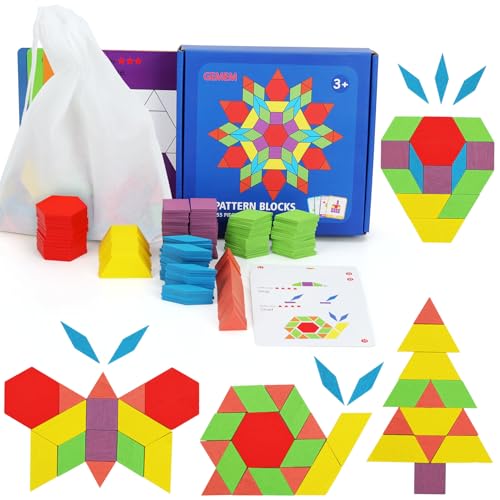 GEMEM 155 Pcs Wooden Pattern Blocks Set Geometric Shape Puzzle Kindergarten Classic Educational Montessori Tangram Toys for Kids Ages 4-8 with 24 Pcs Design Cards - Image 1