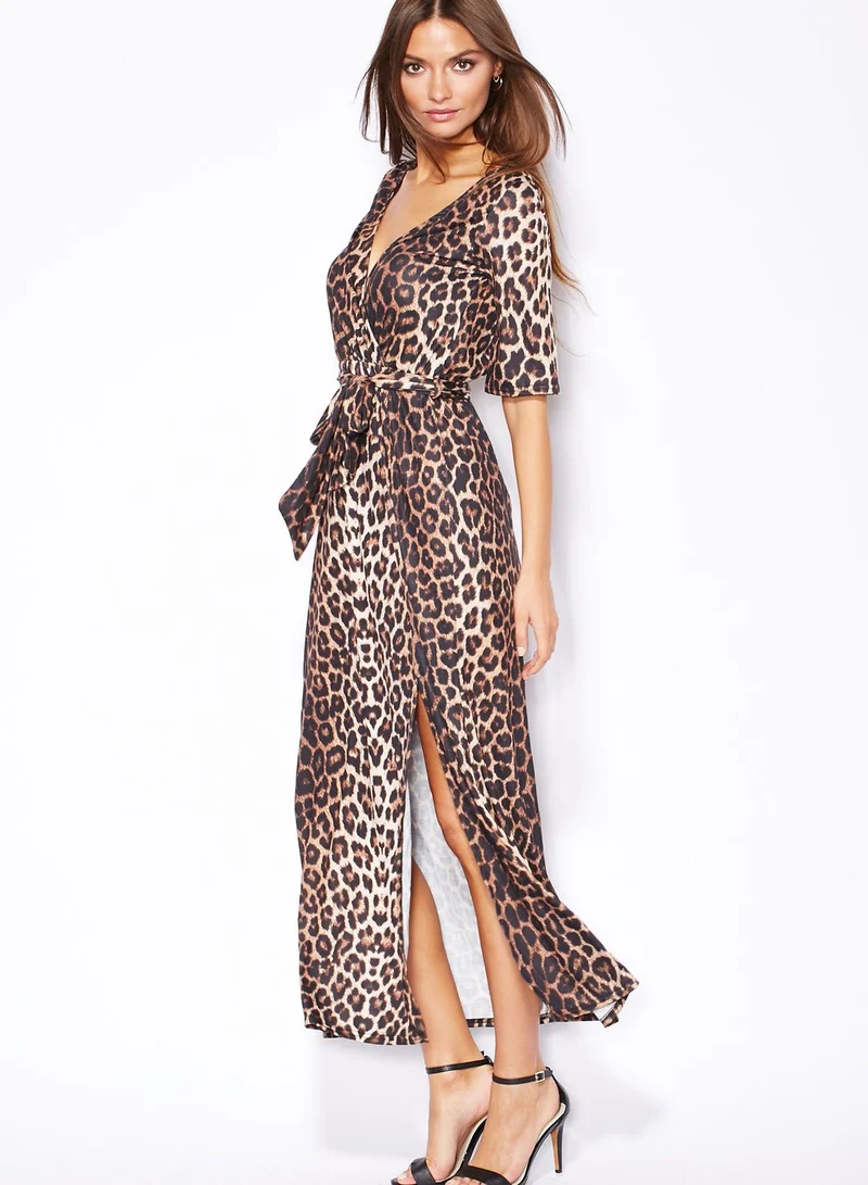 Ginger Leopard Printed Kimono Slit Maxi Dress