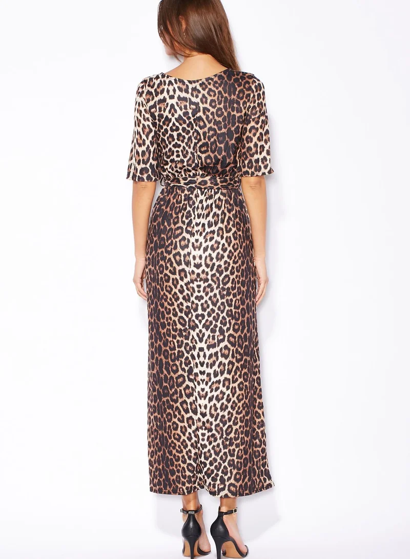 Ginger Leopard Printed Kimono Slit Maxi Dress