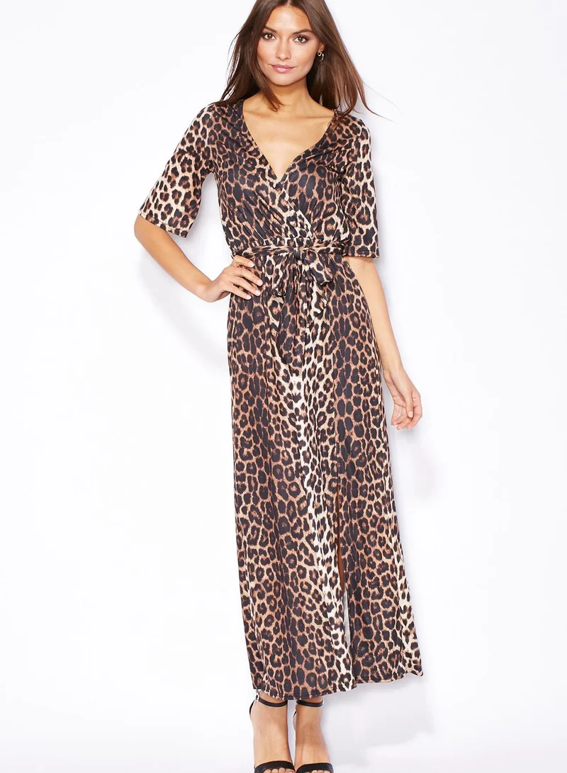 Ginger Leopard Printed Kimono Slit Maxi Dress