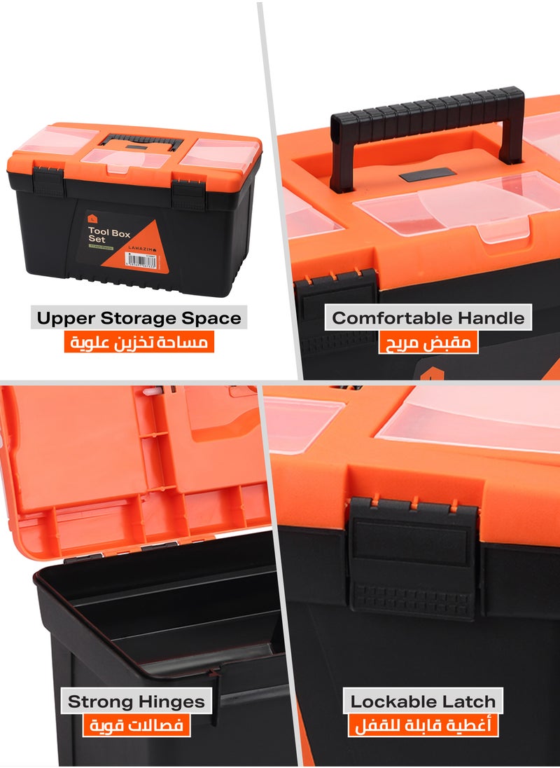 Plastic Tool Box Set-13,15,17inch- Portable Durable ABS Plastic Deep Hardware Storage Toolbox Organizer with Display Tray-for Electricians Carpenter Gardener Mechanic Plumbers and Construction