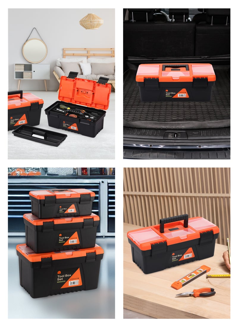 Plastic Tool Box Set-13,15,17inch- Portable Durable ABS Plastic Deep Hardware Storage Toolbox Organizer with Display Tray-for Electricians Carpenter Gardener Mechanic Plumbers and Construction