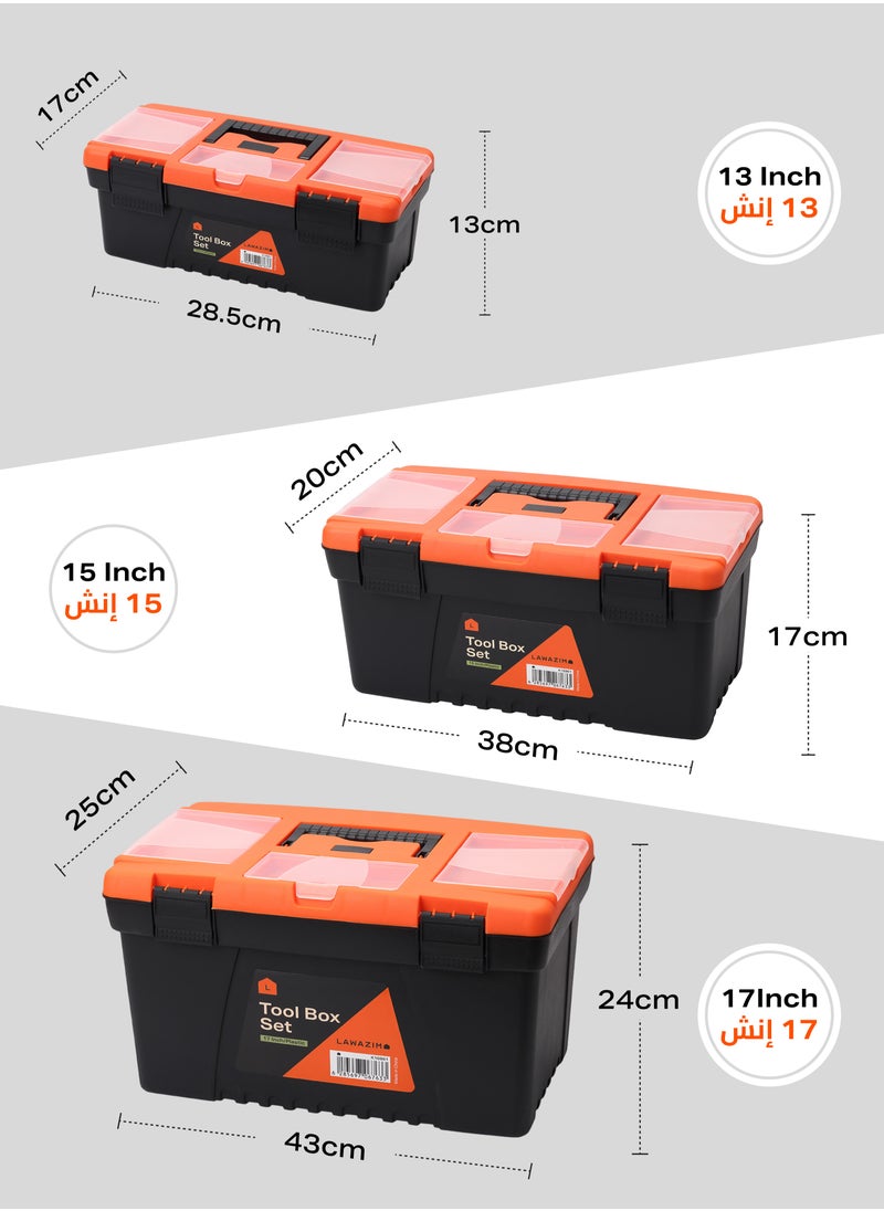 LAWAZIM Plastic Tool Box Set-13,15,17inch- Portable Durable ABS Plastic Deep Hardware Storage Toolbox Organizer with Display Tray-for Electricians Carpenter Gardener Mechanic Plumbers and Construction  - Image 2