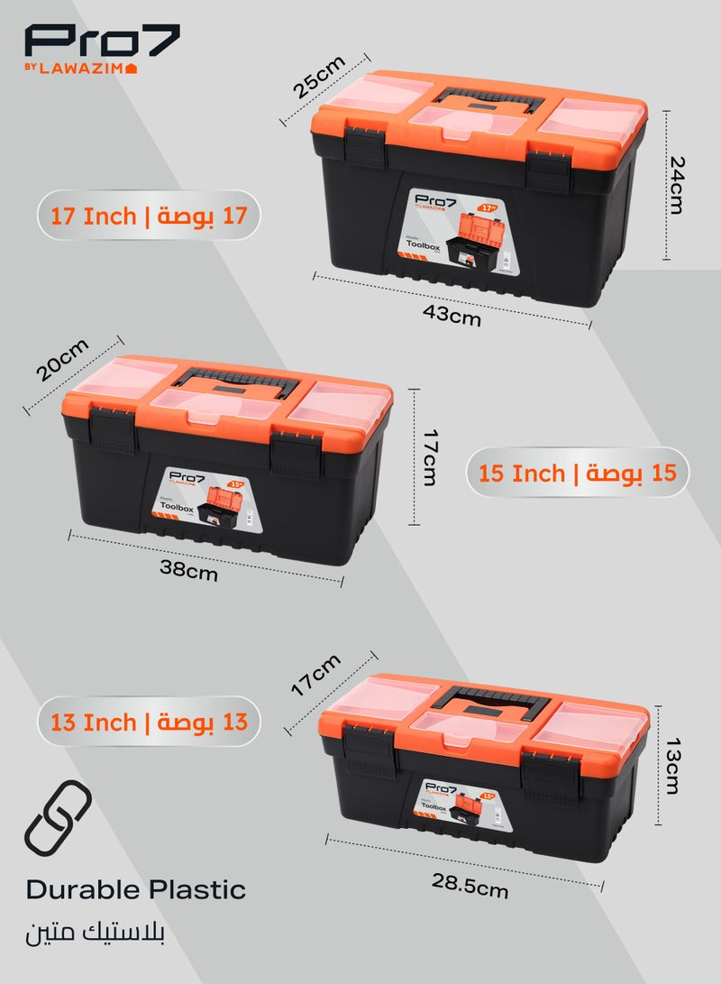LAWAZIM Pro7 Plastic Tool Box Set-13,15,17inch- Portable Durable ABS Plastic Deep Hardware Storage Toolbox Organizer with Display Tray-for Electricians Carpenter Gardener Mechanic Plumbers and Construction - Image 2