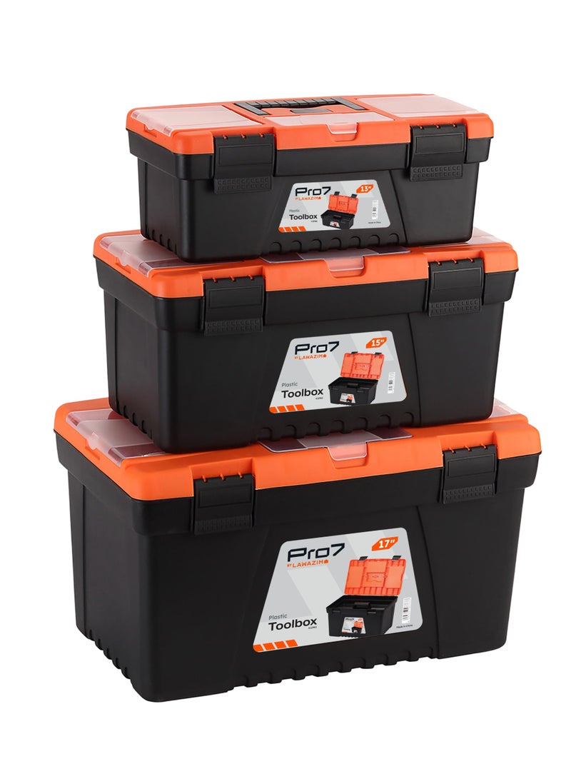 LAWAZIM Pro7 Plastic Tool Box Set-13,15,17inch- Portable Durable ABS Plastic Deep Hardware Storage Toolbox Organizer with Display Tray-for Electricians Carpenter Gardener Mechanic Plumbers and Construction - Image 1