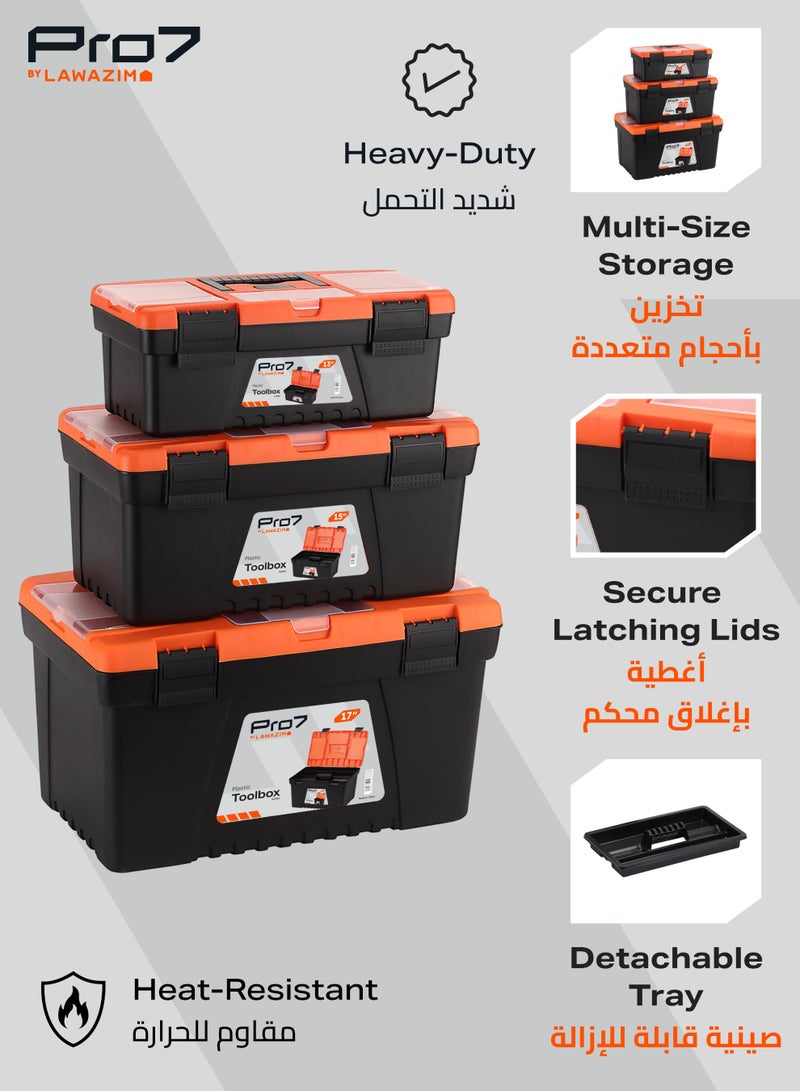 LAWAZIM Pro7 Plastic Tool Box Set-13,15,17inch- Portable Durable ABS Plastic Deep Hardware Storage Toolbox Organizer with Display Tray-for Electricians Carpenter Gardener Mechanic Plumbers and Construction - Image 4