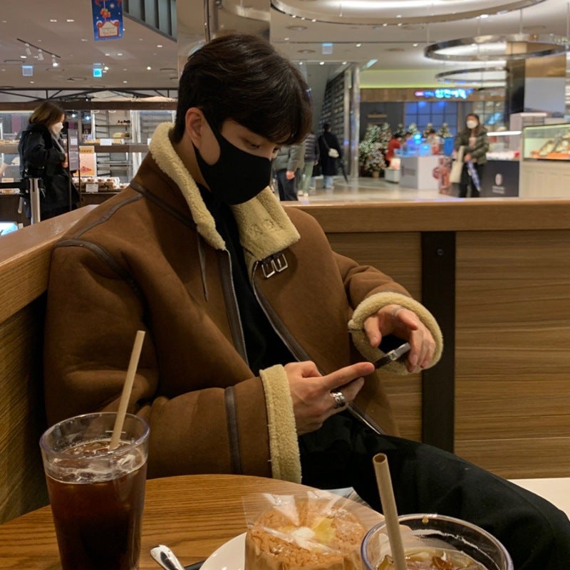 Generic Mens Cotton-padded Clothes Fashionable Ins Loose Vertical Collar Brand Suede Lamb Fur One-piece Motorcycle Cotton-padded Coat Jacket Brown