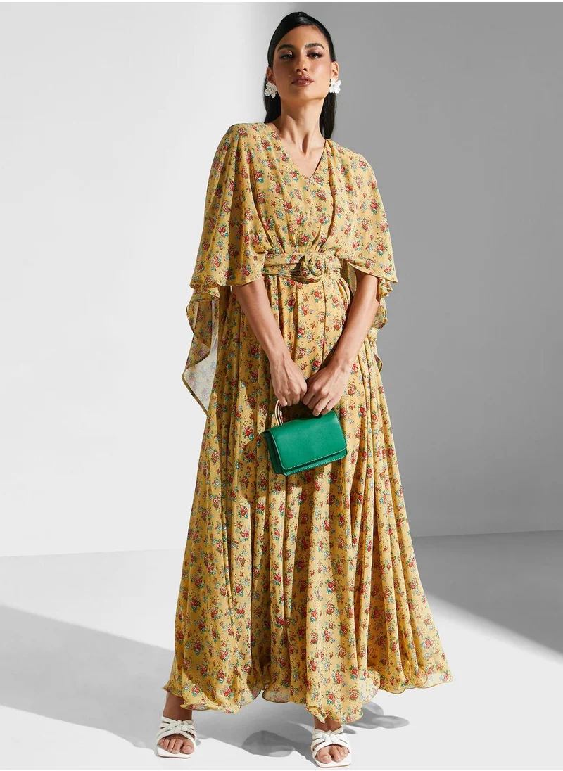 Golden Apple Floral Print Belted Dress