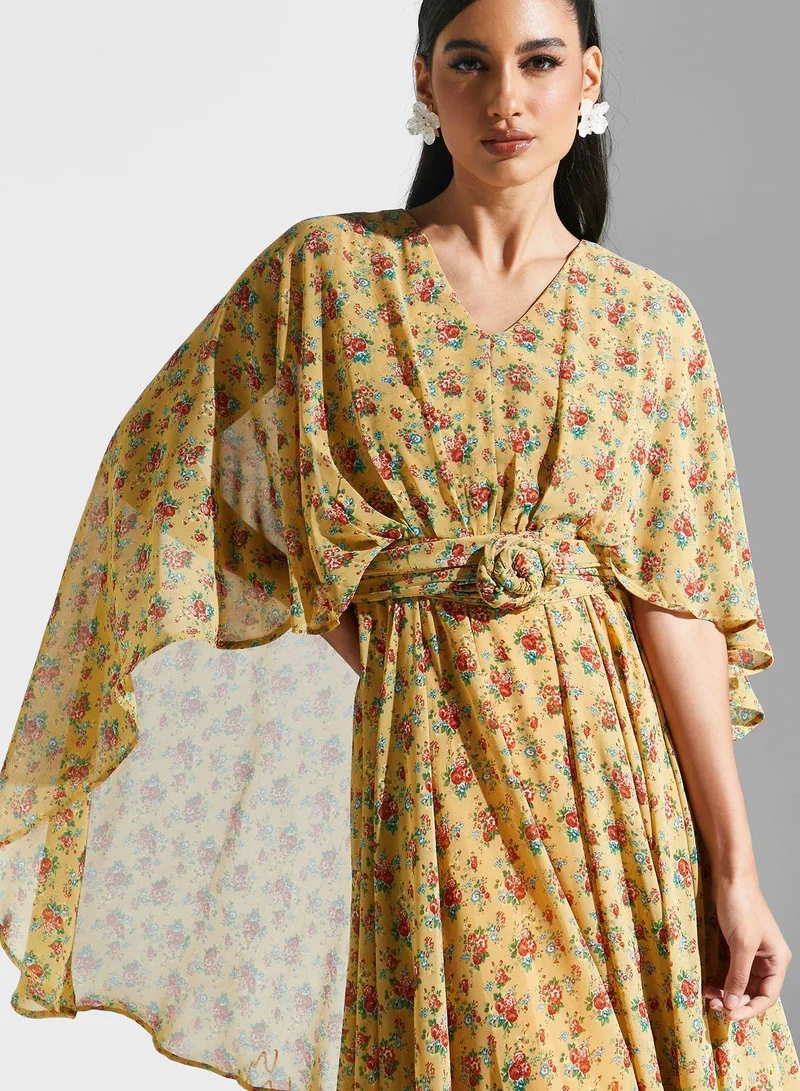 Golden Apple Floral Print Belted Dress