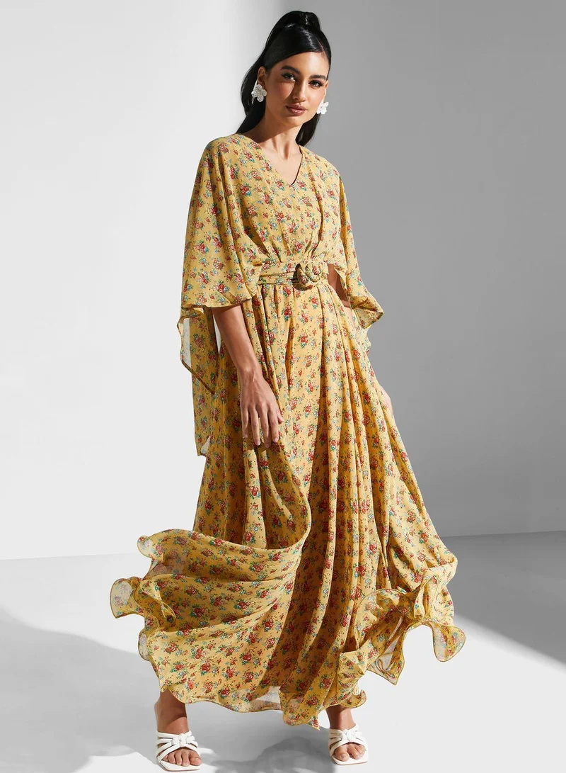 Golden Apple Floral Print Belted Dress