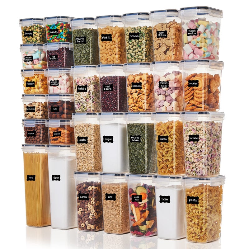 Vtopmart 32pcs Airtight Food Storage Containers Set BPA Free Plastic Kitchen and Pantry Organization Canisters with Lids for Cereal Dry Food Flour and Sugar Includes 32 Labels