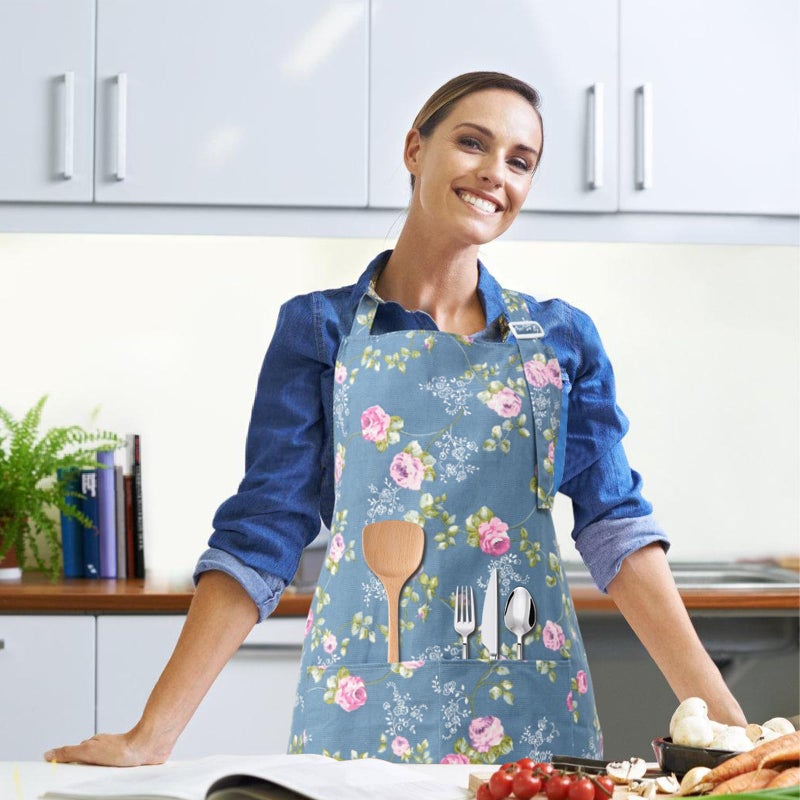 DILLMAN Aprons for Women with Pockets Cotton Linen Cooking Kitchen Baking Soft Durable Floral Gardening Apron (Blue) - Image 2
