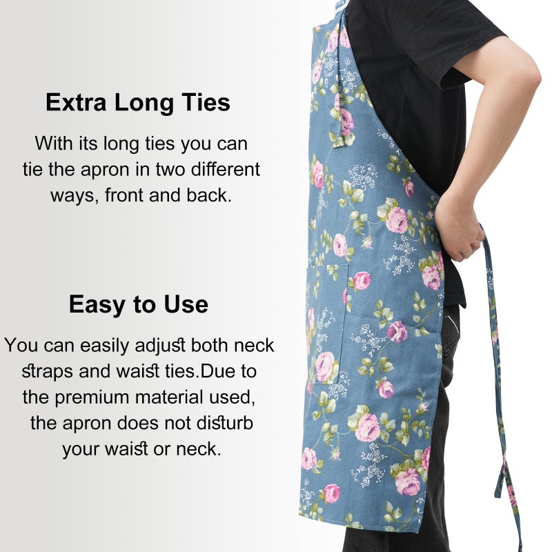 DILLMAN Aprons for Women with Pockets Cotton Linen Cooking Kitchen Baking Soft Durable Floral Gardening Apron (Blue) - Image 4