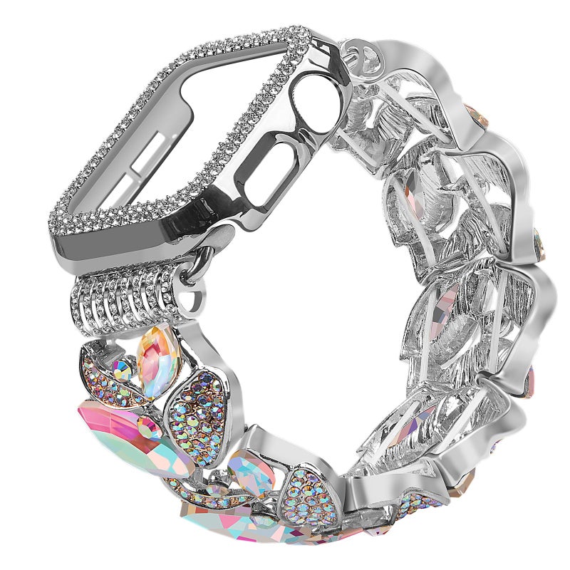 VIQIV Bling Dressy Bracelet with Case Compatible with Apple Watch Bands Series SE/SE2/6/5/4 44mm for Women Strethy, Cute Slim Metal Wristband Strap for iWatch Bands, 44mm Silver Color - Image 1