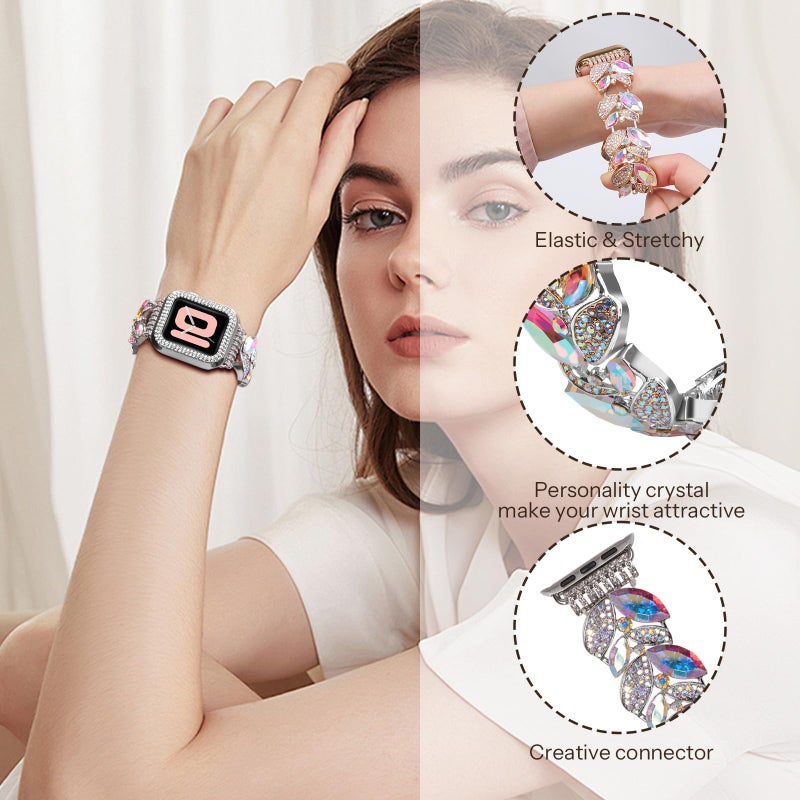 VIQIV Bling Dressy Bracelet with Case Compatible with Apple Watch Bands Series SE/SE2/6/5/4 44mm for Women Strethy, Cute Slim Metal Wristband Strap for iWatch Bands, 44mm Silver Color - Image 2