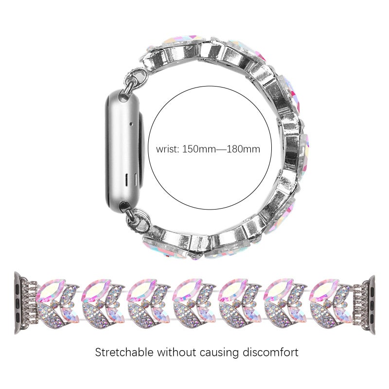 VIQIV Bling Dressy Bracelet with Case Compatible with Apple Watch Bands Series SE/SE2/6/5/4 44mm for Women Strethy, Cute Slim Metal Wristband Strap for iWatch Bands, 44mm Silver Color - Image 4