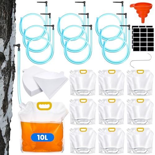 Nuogo 10 Sets 10 L Maple Syrup Tapping Kit with Large Bags Tree Sap Tap 3 ft Tubing Lines Stickers Filter Paper Silicone Funnel Hooks for Maple Syrup Collection Making - Image 1