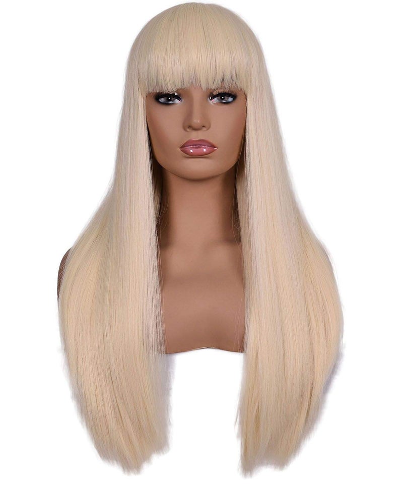 morvally Womens 26 inches Long Straight Blonde Synthetic Resistant Hair Wigs with Bangs Natural Looking Wig for Women Halloween Cosplay Blonde