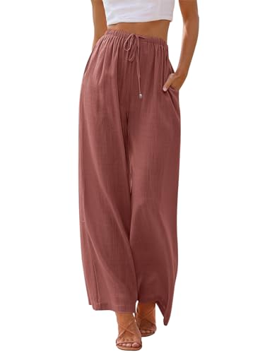 LILLUSORY Linen Wide Leg Pants Womens Palazzo Flowy Beach Vacation 2025 Summer Spring Fashion Outfits Clothes Clothing Trendy Skirt Cruise High Waisted Bohemian Travel Trousers with Pockets Brick Red - Image 1