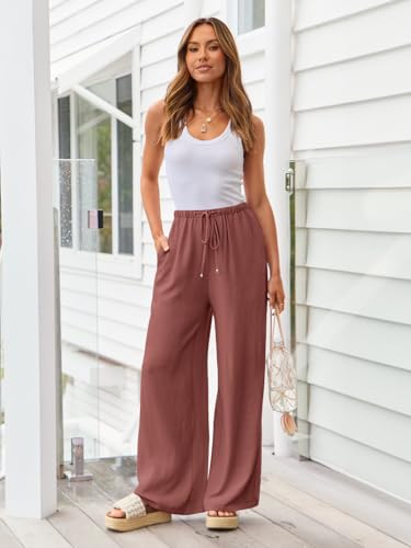 LILLUSORY Linen Wide Leg Pants Womens Palazzo Flowy Beach Vacation 2025 Summer Spring Fashion Outfits Clothes Clothing Trendy Skirt Cruise High Waisted Bohemian Travel Trousers with Pockets Brick Red - Image 2