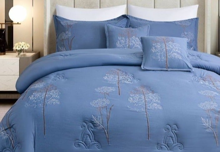 This 8-piece double bed set features a luxurious embroidered design, adding a touch of elegance and tranquility to your room.