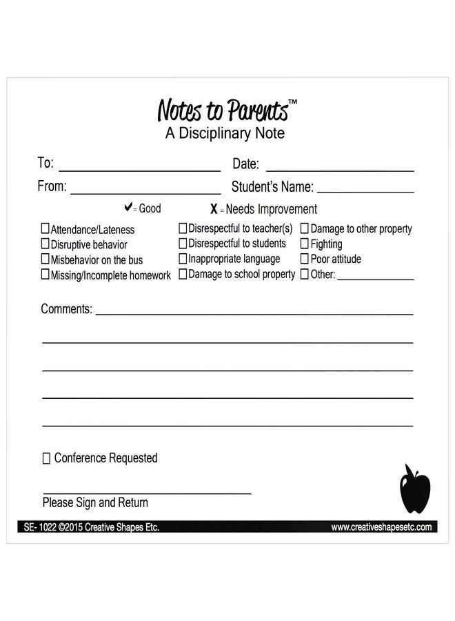 Creative Shapes Etc. SE-1022 Notes to Parents Disciplinary Learning Aid, 4-1/4 x 5-1/2 in