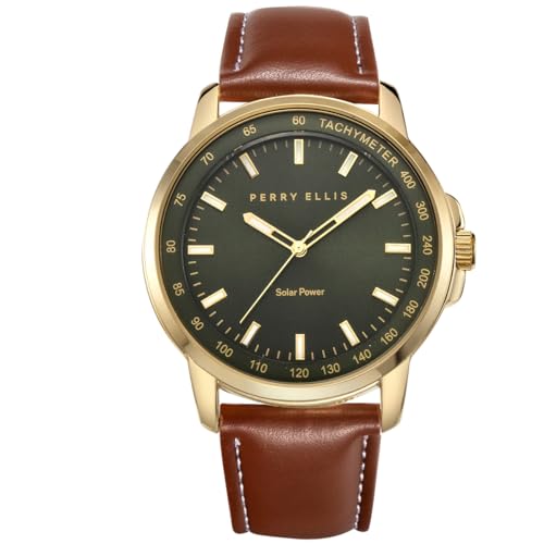 Perry Ellis Solar Powered Mens Watch Vegan Leather WaterResistant Analog Wrist Watches for Men 43mm Case Aluminum Tachymeter Bezel Elegant Gift for Man Gold - Image 1