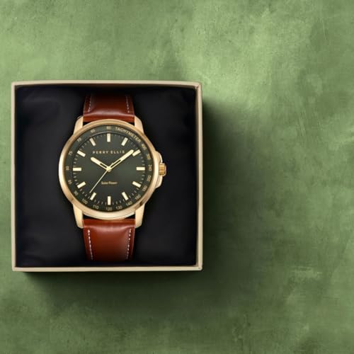 Perry Ellis Solar Powered Mens Watch Vegan Leather WaterResistant Analog Wrist Watches for Men 43mm Case Aluminum Tachymeter Bezel Elegant Gift for Man Gold - Image 3