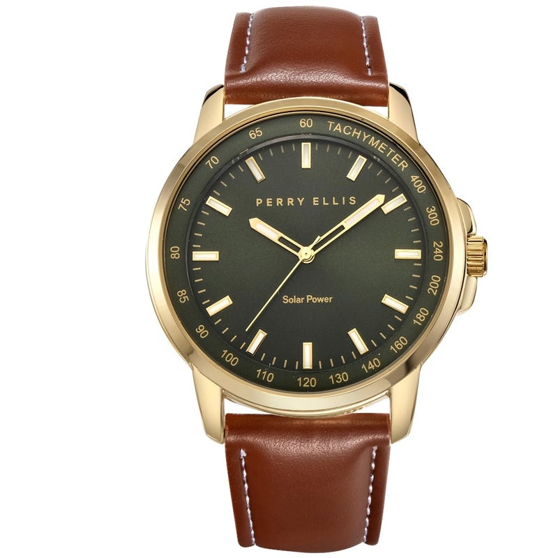 Perry Ellis Solar Powered Mens Watch Vegan Leather WaterResistant Analog Wrist Watches for Men 43mm Case Aluminum Tachymeter Bezel Elegant Gift for Man Gold - Image 2