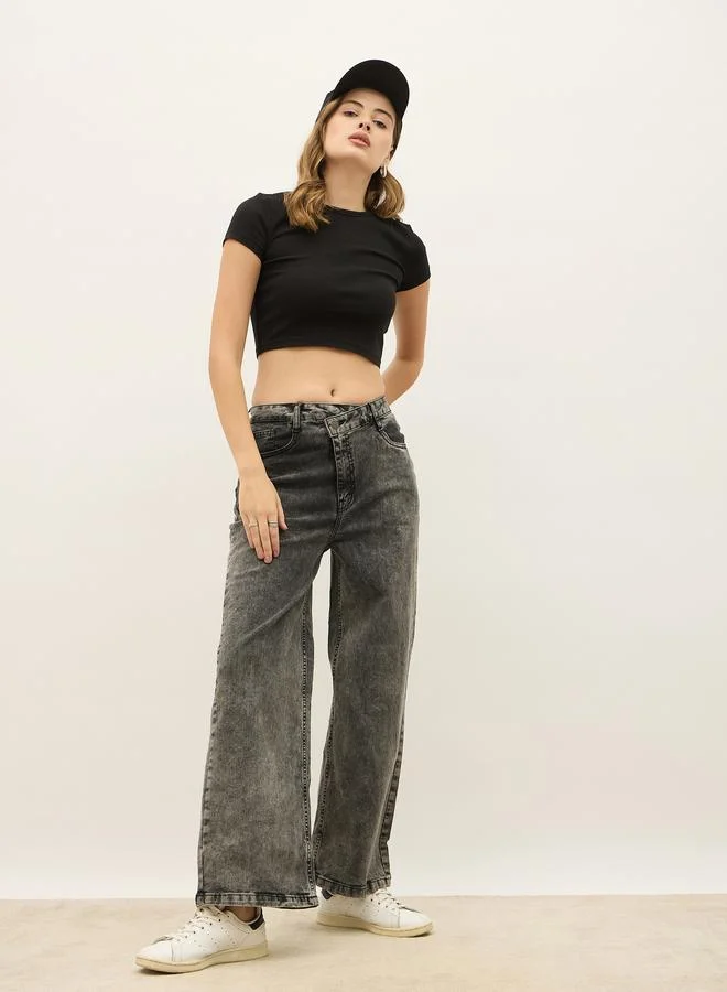Styli High Rise Asymmetric Waist Straight Leg Jeans