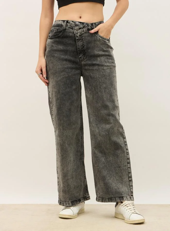 Styli High Rise Asymmetric Waist Straight Leg Jeans