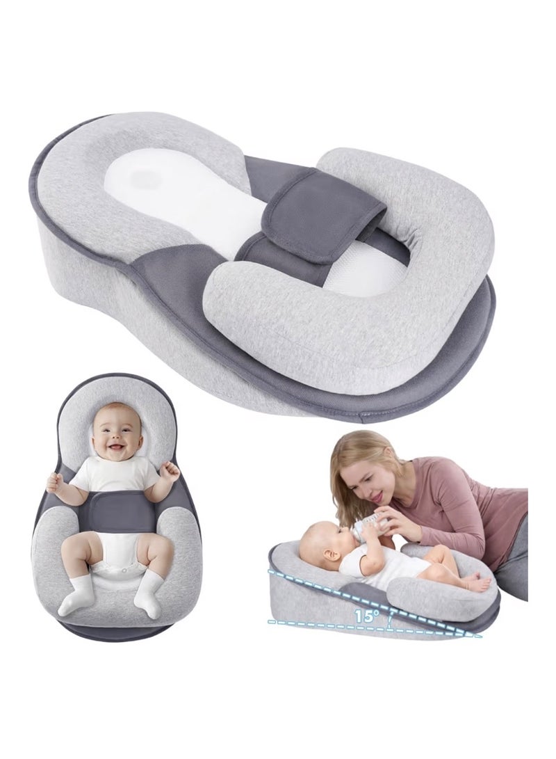 SKY-TOUCH Newborn Feeding Pillow Wedge - 15° Anti-Spit Up & Nursing Support Pillow, Baby Breastfeeding Pillow for Reflux, Soft & Breathable Grey Infant Nursing Cushion - Image 1
