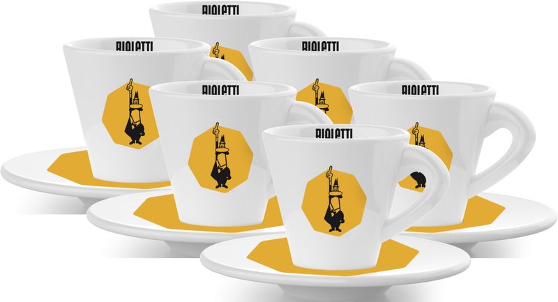 BIALeTTI بيالتي 6 أكواب كابتشينو صفراء مع صحون، بورسلين - Image 1