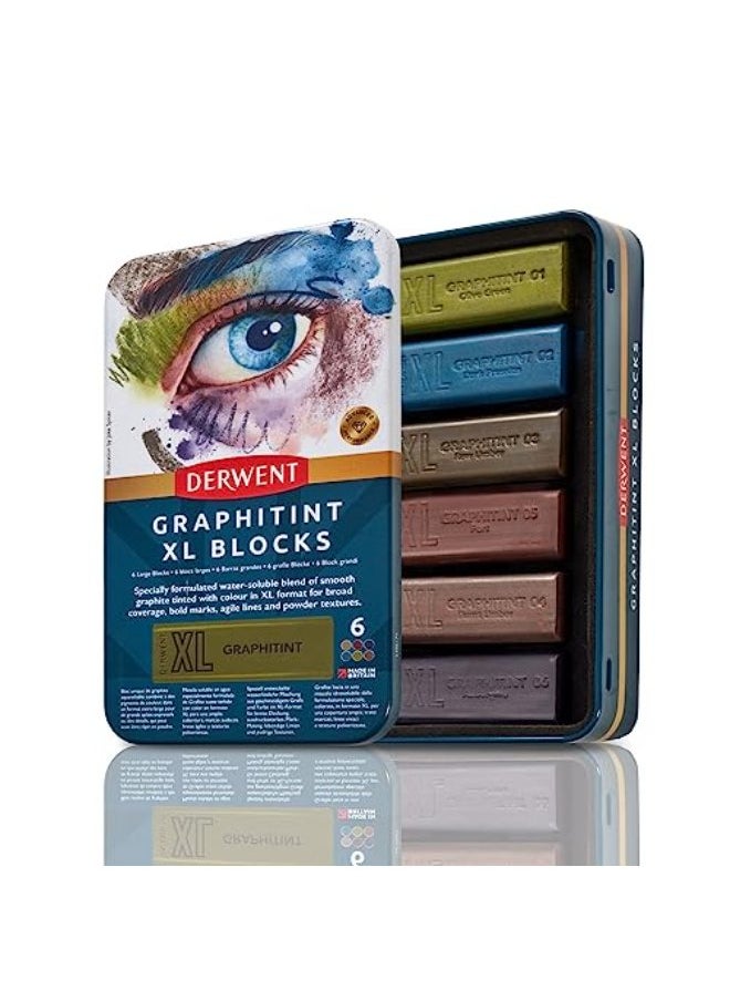 Derwent - Derwent Graphitint XL Blocks 6 Tin, Set of 6, 60mm Extra-Large Block, Water-soluble, Ideal for Sketching, Drawing and Expressive Mark Making, Professional Quality, 2306175 - Image 1