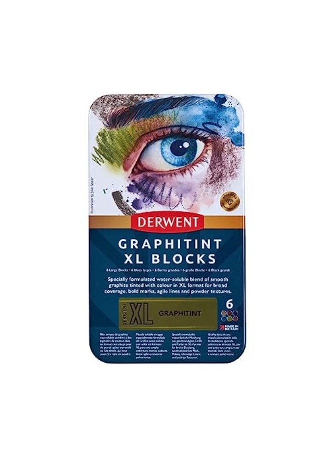 Derwent - Derwent Graphitint XL Blocks 6 Tin, Set of 6, 60mm Extra-Large Block, Water-soluble, Ideal for Sketching, Drawing and Expressive Mark Making, Professional Quality, 2306175 - Image 1