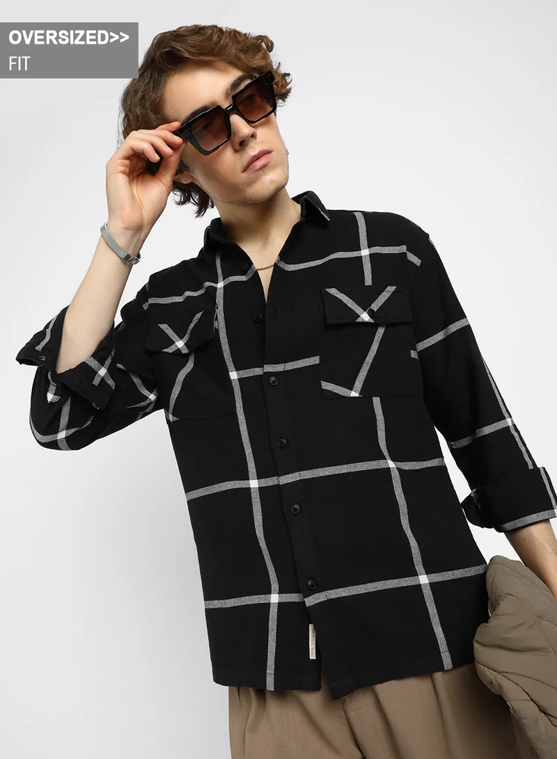 Campus Sutra Men's Midnight Black Graph Check Shacket