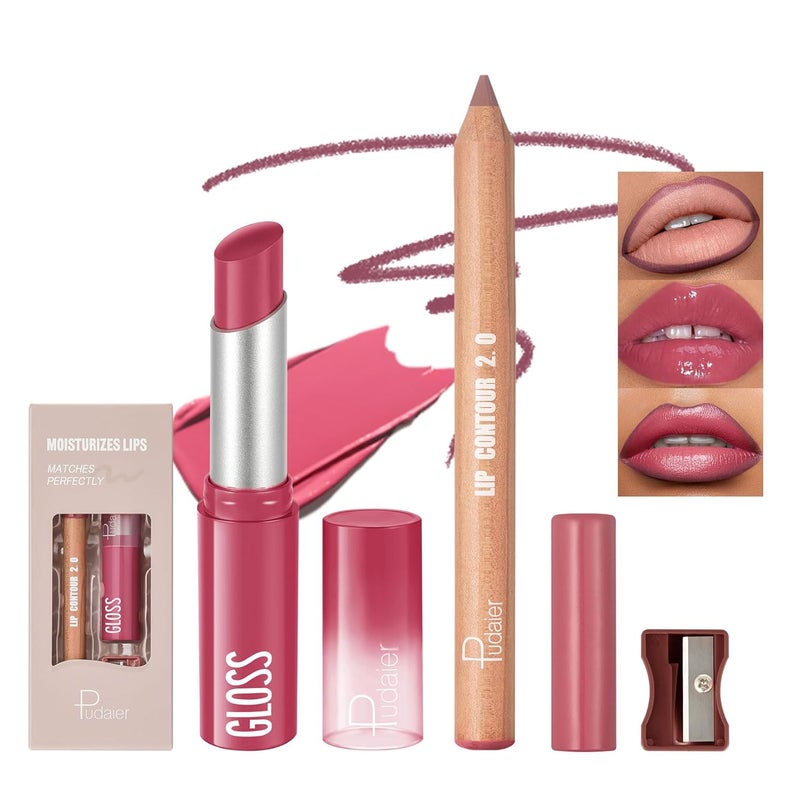 pudaier 2Pcs Lip Liner and Lipstick Combo Highly Pigmented Lip Liner and Lipstick Set for women Long Lasting Matte Lip Pencil and Hydrating Lip Balm Lip Gloss Makeup Kits with Sharpener