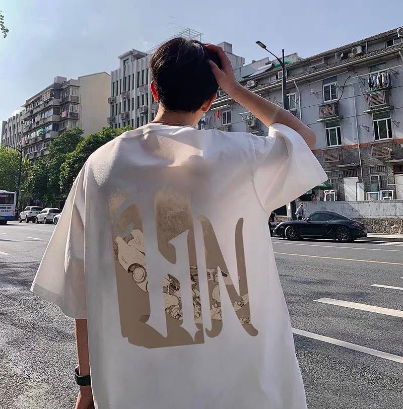 Cotton Short-Sleeved T-Shirt Men'S 2023 Fashion Brand Vintage Hong Kong Style Loose Oversize Half Sleeve - Image 3