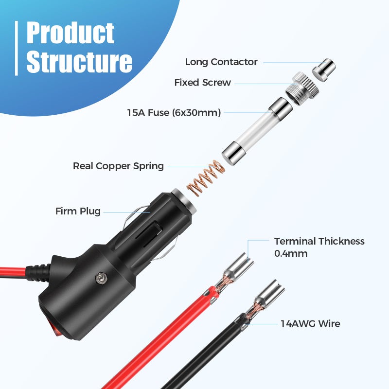Thlevel 12V Cigarette Lighter Male Plug Replacement with On Off Switch and Leads 1.8FT 14AWG Cigarette Lighter Adapter Extension Cable For Car Truck Motorcycle - Image 2