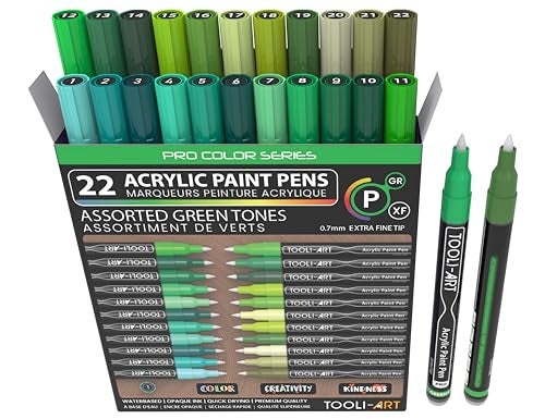 TOOLI-ART Acrylic Paint Pens 22 Green Tones Assorted Pro Color Series Markers Set 0.7mm Extra Fine Tip for Rock Painting, Glass, Mugs, Wood, Metal, Canvas, Projects, Non Toxic, Waterbased, Quick Drying - Image 1
