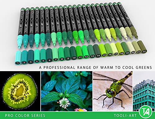 TOOLI-ART Acrylic Paint Pens 22 Green Tones Assorted Pro Color Series Markers Set 0.7mm Extra Fine Tip for Rock Painting, Glass, Mugs, Wood, Metal, Canvas, Projects, Non Toxic, Waterbased, Quick Drying - Image 2