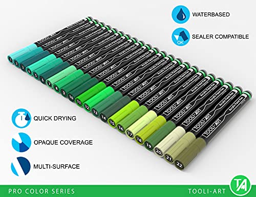 TOOLI-ART Acrylic Paint Pens 22 Green Tones Assorted Pro Color Series Markers Set 0.7mm Extra Fine Tip for Rock Painting, Glass, Mugs, Wood, Metal, Canvas, Projects, Non Toxic, Waterbased, Quick Drying - Image 4